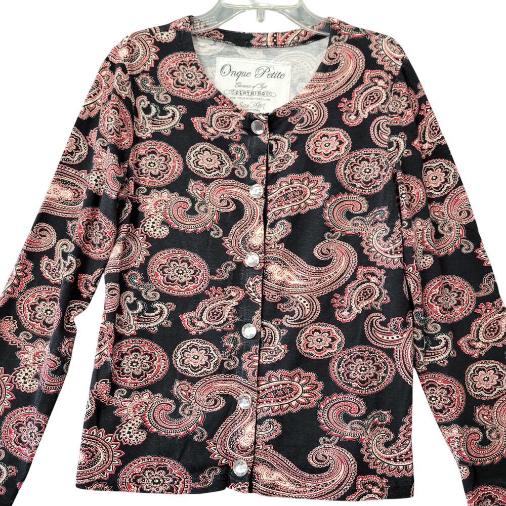 Onque Petite Black Stretch Preppy Paisley Shirt Long Sleeve Buttons Women Size M